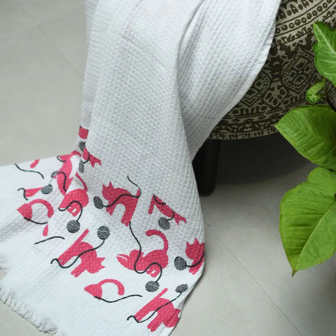 Cloud Soft Waffle Towel - Purrfect Print (Pink)
