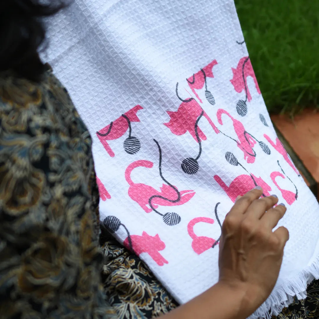 Cloud Soft Waffle Towel - Purrfect Print (Pink)