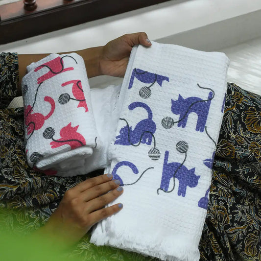Cloud Soft Waffle Towel - Violet & Pink Purrfect Print (Pack of 2)