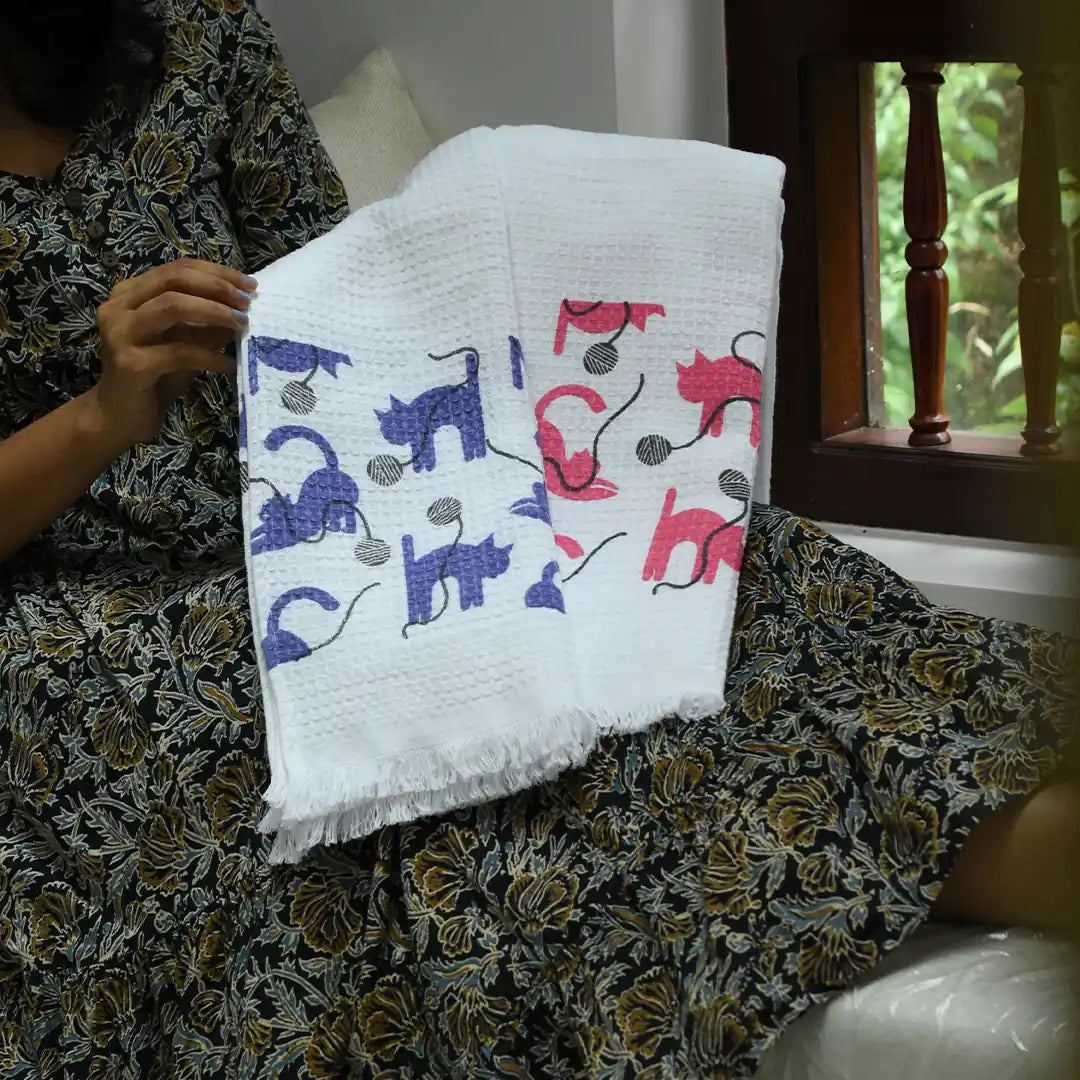 Cloud Soft Waffle Towel - Purrfect Print (Violet)