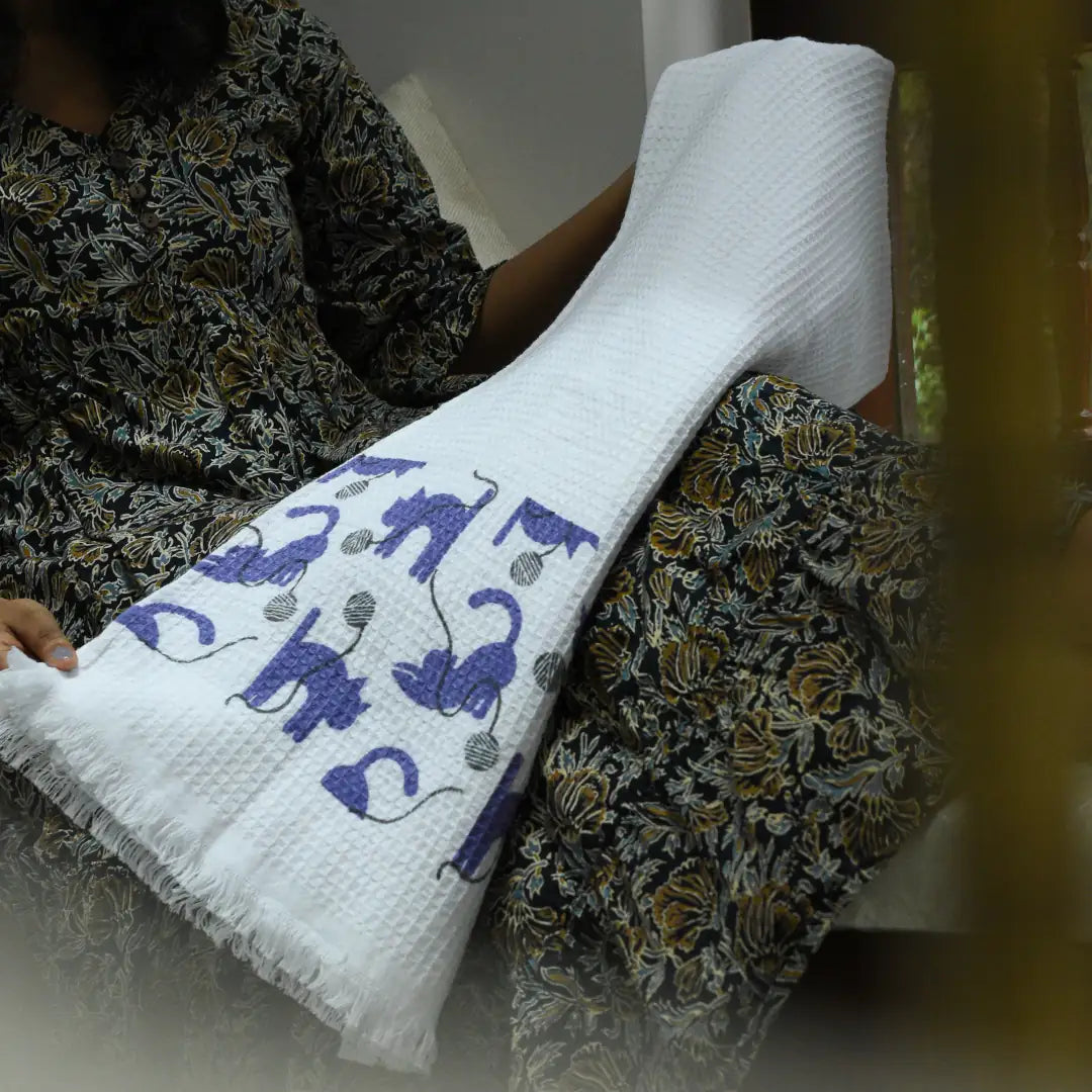 Cloud Soft Waffle Towel - Purrfect Print (Violet)