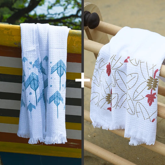 Cloud Soft Waffle Towel - Blue Ola & Terracotta Orchard Print (Pack of 2)
