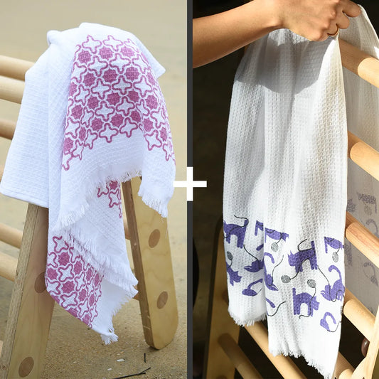 Cloud Soft Waffle Towel - Violet Purrfect & Pink Grand Cast Print (Pack of 2)