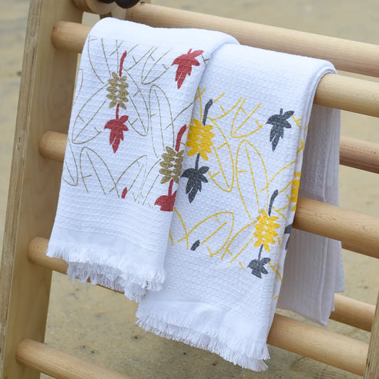 Cloud Soft Waffle Towel - Terracotta & Yellow Orchard Print (Pack of 2)