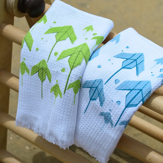 Cloud Soft Waffle Towel - Blue & Green Ola Print (Pack of 2)