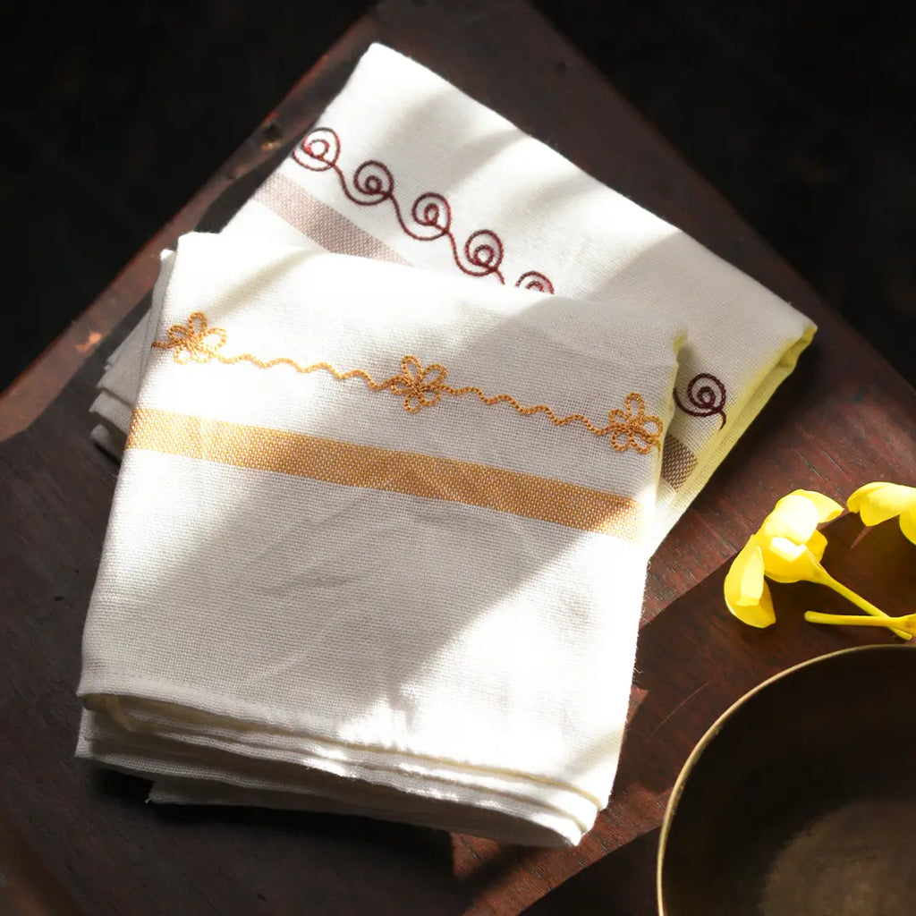 Embroidered Kerala Towels – (Pack of 2) Golden Yellow & Burgundy