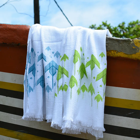 Cloud Soft Waffle Towel - Blue & Green Ola Print (Pack of 2)