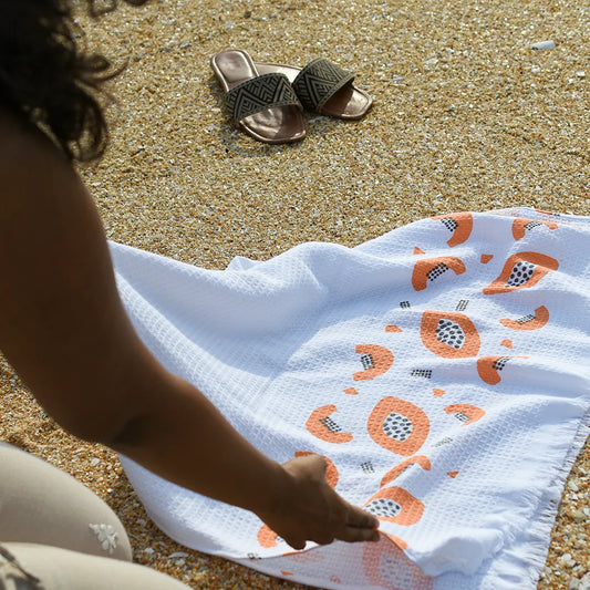 Cloud Soft Waffle Towel - Sunset Papaya Print