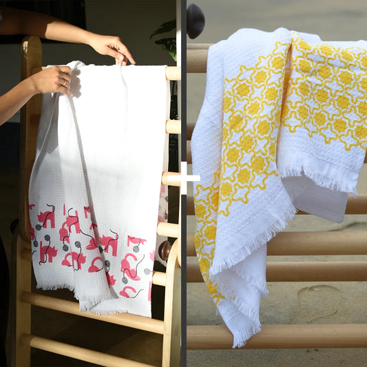 Cloud Soft Waffle Towel - Pink Purrfect & Yellow Grand Cast Print (Pack of 2)