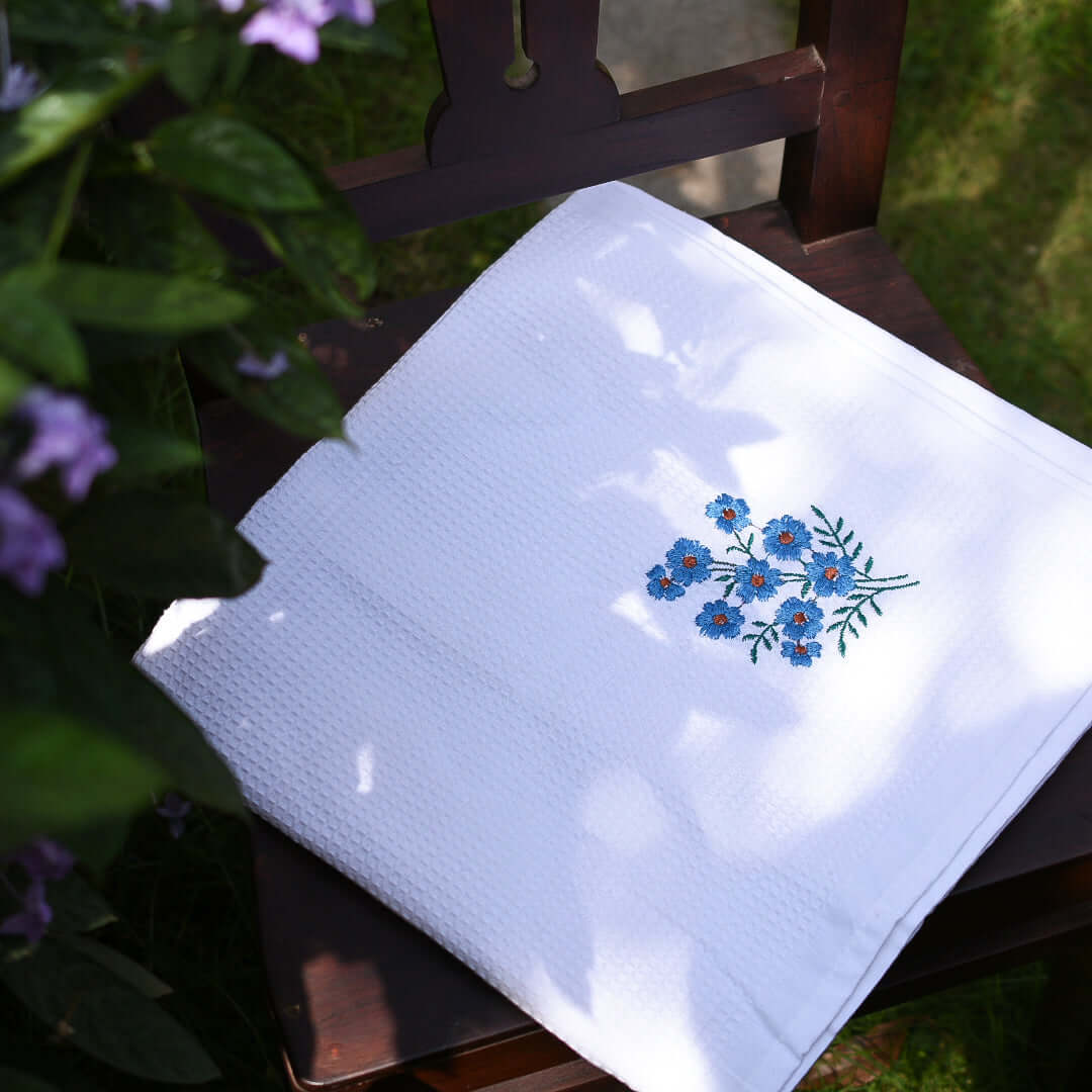 Bloom - Embroidered Waffle Towel (Blue) - The Right Shade