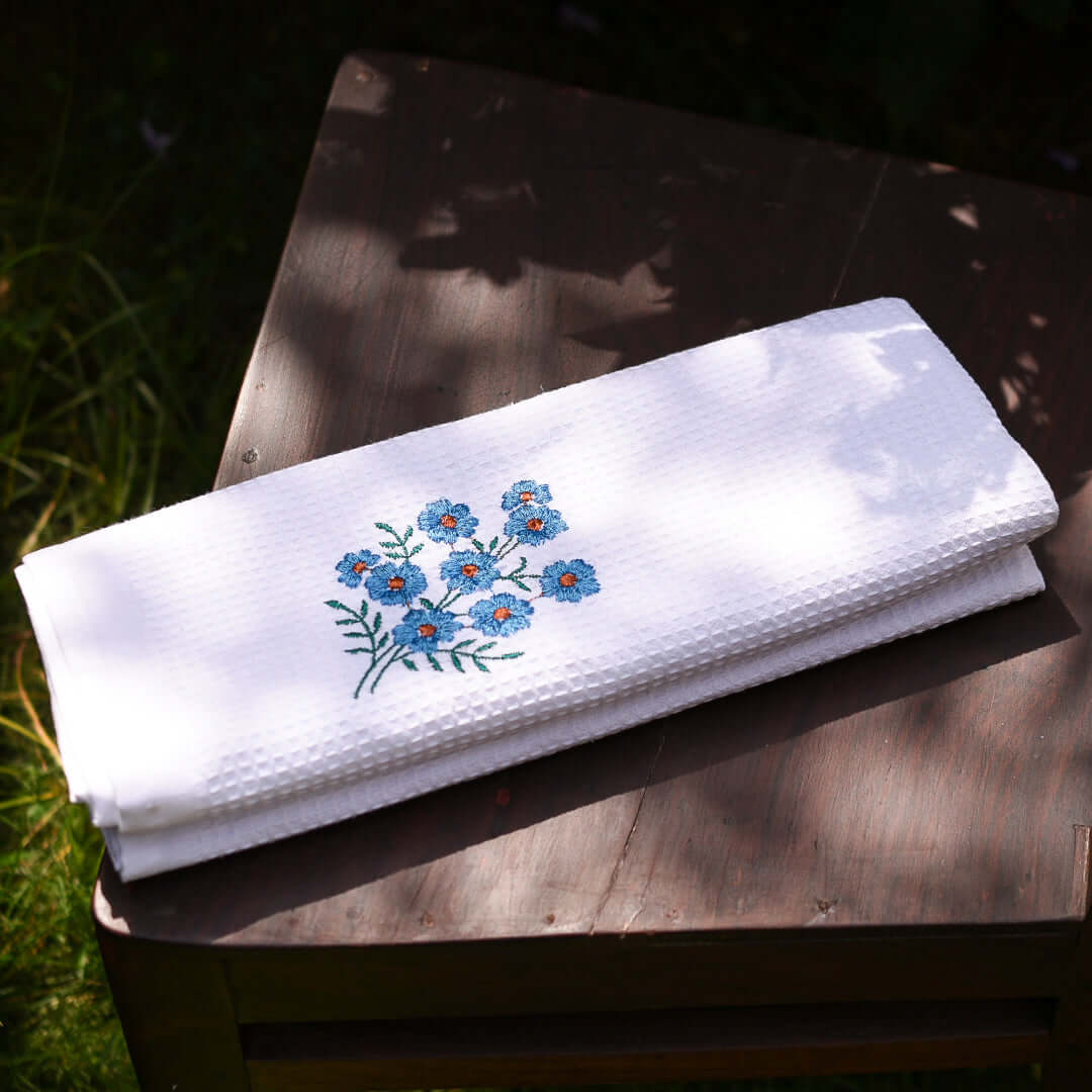 Bloom - Embroidered Waffle Towel (Blue) - The Right Shade