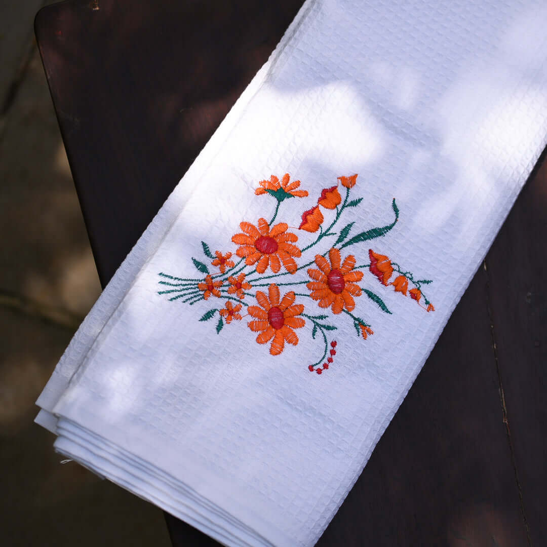 Bloom - Embroidered Waffle Towel (Orange) - The Right Shade