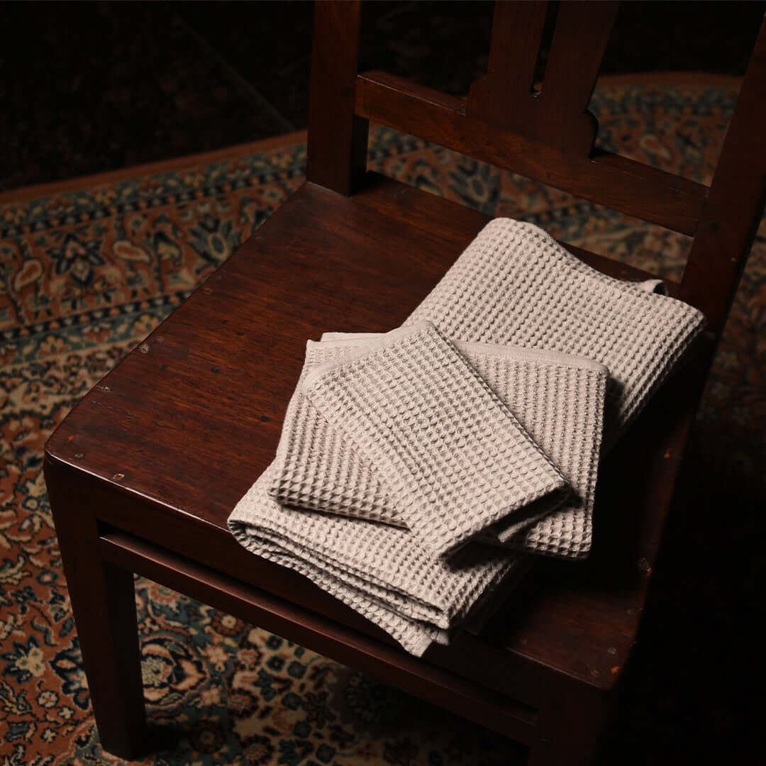 Premium Waffle Towel Set – Washed Oat (Bath, Hand & Face) - The Right Shade